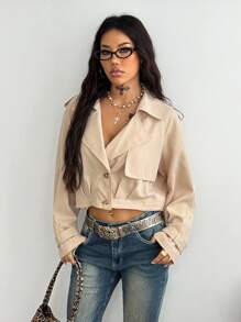 Coolane 女式秋季/四季文艺复兴嬉皮休闲复古老钱基本款宽松短款风衣 - 卡其色 - 查看 5