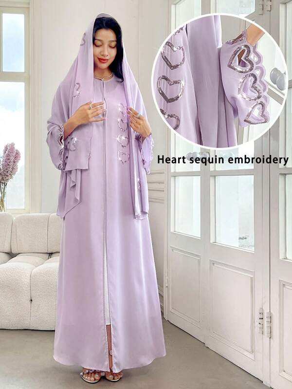 Al Najma Mauve Purple Modest Maxi Abaya For Women, Featuring Elegant Long Sleeves And Dazzling Heart Sequin Embroidery.