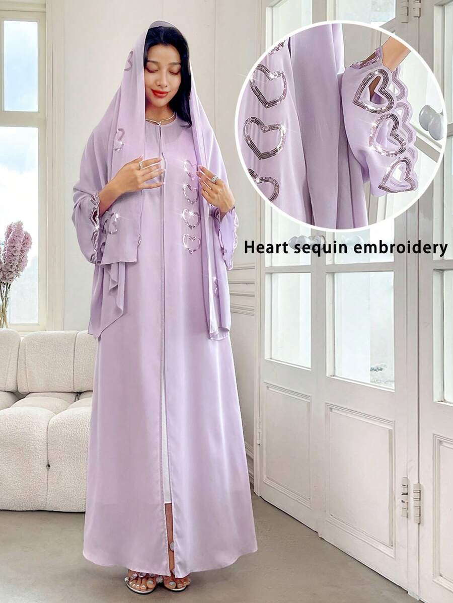 Al Najma 女士心形亮片拼布长袖阿巴亚和服 - 淡紫色 - 查看 1