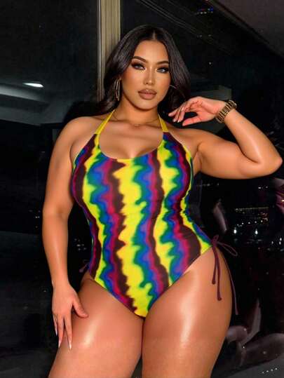 Swim EVENT Plus Size One Piece Swimsuit With Multi-Color Tie Dye Print For Summer Beach Vacation