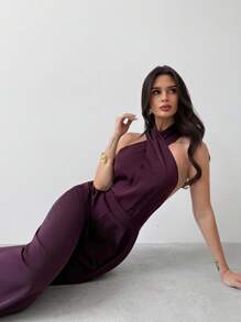 Firerie طقم مكون من قطعتين من لباس علوي مكشوفة الظهر وبنطلون واسع الساق وخصر مرتفع، مناسب للارتداء اليومي والعطلات، أنيق وعصري، مناسب للارتداء خارج المنزل، مناسب للارتداء اليومي والعطلات، باللون البنفسجي الباذنجاني