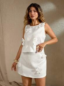 Roveilla 大码女式提花圆领无袖上衣和松紧腰短裙套装，优雅浪漫可爱两件套服装 - 白色 - 查看 4