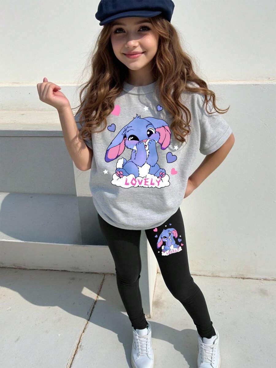 SHEIN 返校少女时尚休闲豹纹樱桃字母图案圆领短袖T恤豹纹打底裤套装个性街头套装夏秋装 - 彩色 - 查看 1