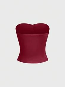 SHEIN Unity 全新 Y2K 风格花卉图案褶饰腰部修身短款女式上衣 - 酒紅色 - 查看 2