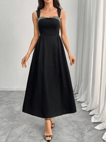 INAWLY Women Elegant Rhinestone Sleeveless Dress, Summer - Black - View 5