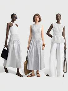 Ontre 女士四季白色条纹休闲上衣，系带上衣，通勤条纹系带上衣，教师制服