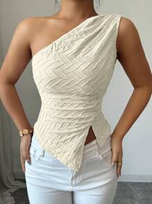 Elenzga Elegante blusa de mujer de color rosa con hombro oblicuo, volantes y dobladillo con abertura, para el verano - Albaricoque - Ver 2