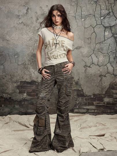 Grunge Punk Women's Distressed Vintage Colorful Camo Low Waist Cargo Pocket Flared Jeans