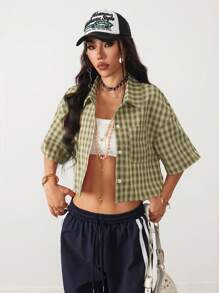 Coolane Women's Spring/Summer Vintage Preppy Crop Plaid Loose Crop Tops Red Shirt For New Years