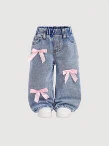 SHEIN Baby Mädchen süße rosa Schleife blaue Jeans weite Hose