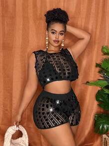 Slaydiva 复古优雅INS风美式圆点串珠无袖修身吊带背心和圆点串珠针织短裤两件套；亮片两件套；黑色两件套；网纱两件套；钩针两件套；两件短款套装 - 黑色 - 查看 10