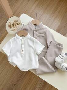 3pcs/Set Kids Boy Casual School Style Comfortable Collared Button-Up Short Sleeve Shirt, Vest, And Straight Leg Pants Suit, Gentleman Outfit, Suitable For Spring/Summer, Outings, Valentine's Day, Dates, Travel, Vacations, Family Gatherings, Back To School, Weddings, Evenings, Sports, Birthday Parties, Christenings