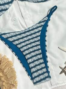 Swim Vcay Women's New Spaghetti Strap Blue & White Textured Pearl Button Side High Cut Sexy Bikini Swimsuit For Summer Beach Vacation - Multicolor - View 3