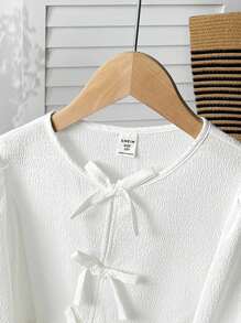 SHEIN Tween Girls Casual School Textured White Front Bowknot Long Sleeve Blouse Fall Winter