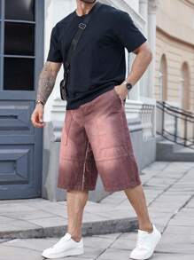 Manfinity LEGND Plus Size Men's Pockets Frayed Hem Wide Leg Loose Casual Denim Shorts - Burgundy - View 3