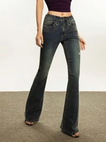 Rina Fox Women's Pockets & Distressed Flare Casual Versatile Jeans