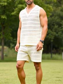 Manfinity Homme Men's Solid Color V-Neck Knitted Sleeveless Casual Hollow-Out Pullover, Summer Sweater Rave Outfits - Apricot - View 3