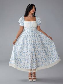 Flirla Plus Size Women Blue Ditsy Floral Puff Sleeve Dress - Multicolor - View 2