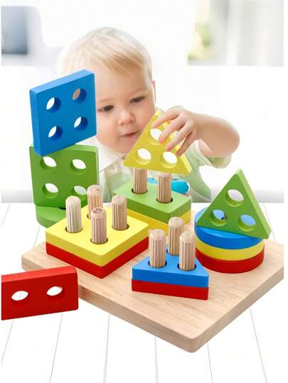 SHEIN Basic living 装饰木制几何建筑拼图配对玩具，用于认知颜色和形状识别以及儿童早期教育学校用品