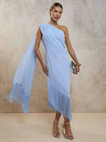 COSMINA Women's Solid Color Ruched Fringed Hem Dress, Elegant Long Dress