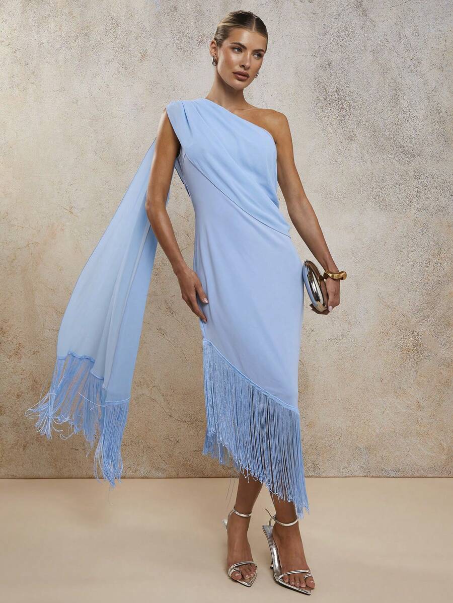 COSMINA Women's Solid Color Ruched Fringed Hem Dress, Elegant Long Dress