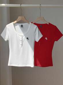 Comfortcana 2pcs Wine Red & White Solid Henley Neck Embroidery Fitted Short Sleeve T-Shirts