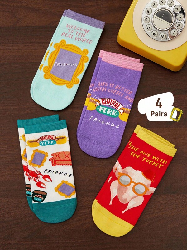 FRIENDS X SHEIN 4Pairs Soft & Breathable Moisture-Wicking Casual Women Ankle Socks Colorful Fashionable And Cute Short Socks Reinforced Toe & Heel For Durabiliy All Season All-Match