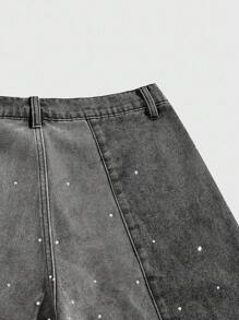 ROMWE MEN Street Life 男式字母图案磨边宽松牛仔短裤 - 黑色 - 查看 4