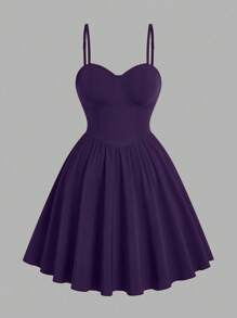 Sweetra 大码优雅纯色细肩带束腰浪漫迷你连衣裙 - 紫色 - 查看 1