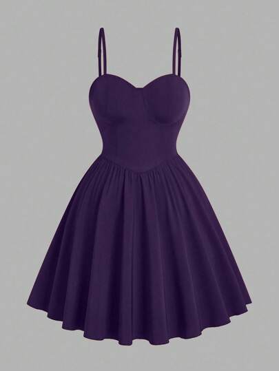 Sweetra 大码优雅纯色细肩带束腰浪漫迷你连衣裙