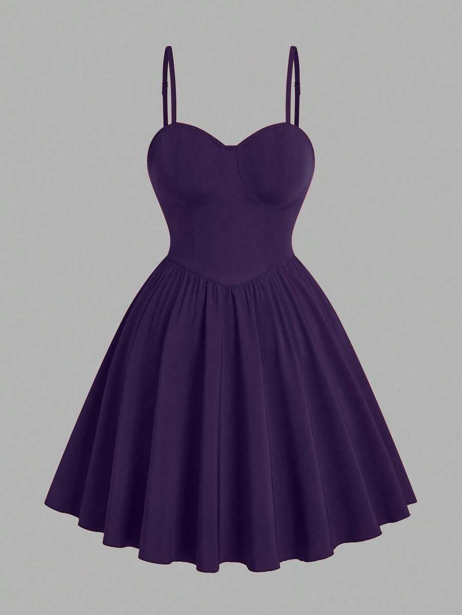 Sweetra 大码优雅纯色细肩带束腰浪漫迷你连衣裙 - 紫色 - 查看 1