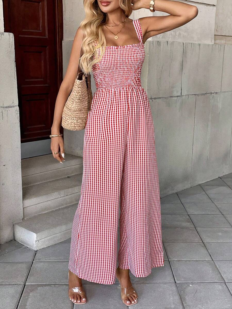 New Arrival Summer Fashion Elegant Plaid Jumpsuit With Suspender For Women