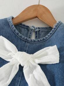Elladie kids Young Girls Denim Dress With Butterfly Decor, 2-In-1 Design, Contrast Color Blue, Cute Casual Style For Autumn, Back-To-School, Spring & All Seasons - Blue and White - View 5