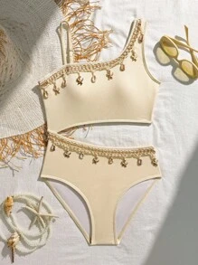 SHEIN 少女度假海滩吊坠装饰镂空连体泳衣