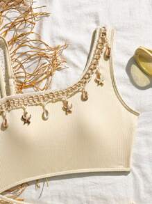 SHEIN 少女度假海滩吊坠装饰镂空连体泳衣