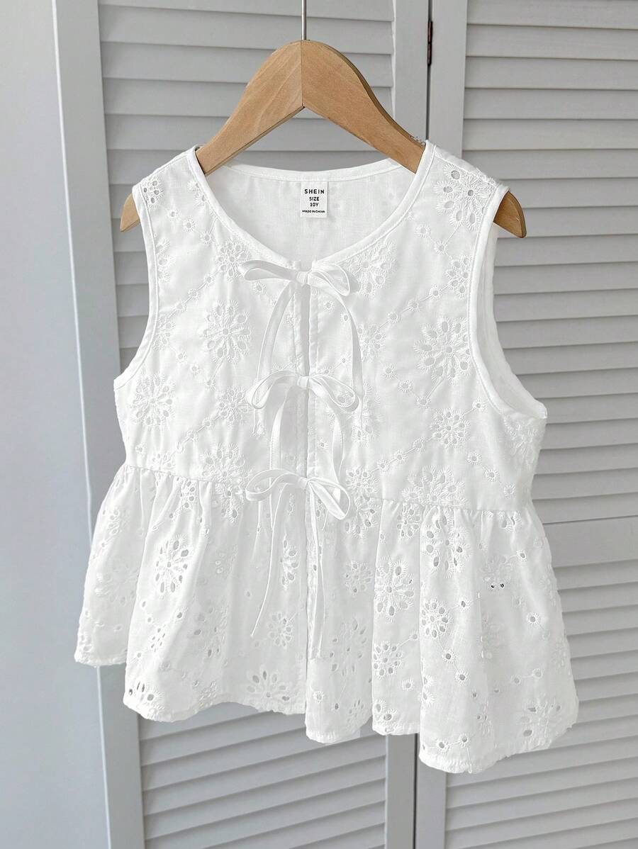 SHEIN Teen Girls Textured Bowknot Front Blouse, Casual Everyday Vacation Wear - White - View 1