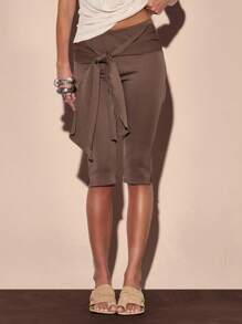 MUSERA 低腰侧系带修身七分裤 夏季度假 Y2K 90年代街头风酷女孩节日假日俱乐部石墨色休闲 - 軍綠色 - 查看 2