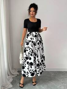 Breezaya Đầm chữ A in hoa thêu hoa tay ngắn cổ chữ U thanh lịch cho nữ - Nhiều màu - Xem 7