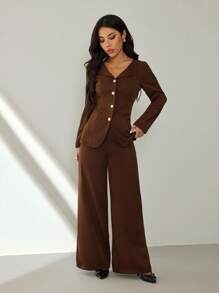 SHEIN PETITE Women's Elegant Solid Color Fitted Jacket And Pants Suit Set, Chocolate Brown Modern Suiting 2 Pieces Set In Fall/Winter - Coffee Brown - View 5