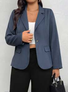 SHEIN Unity 6件套大码女式双色纹理面料办公室薄款长袖西装外套 - 藍色 - 查看 6