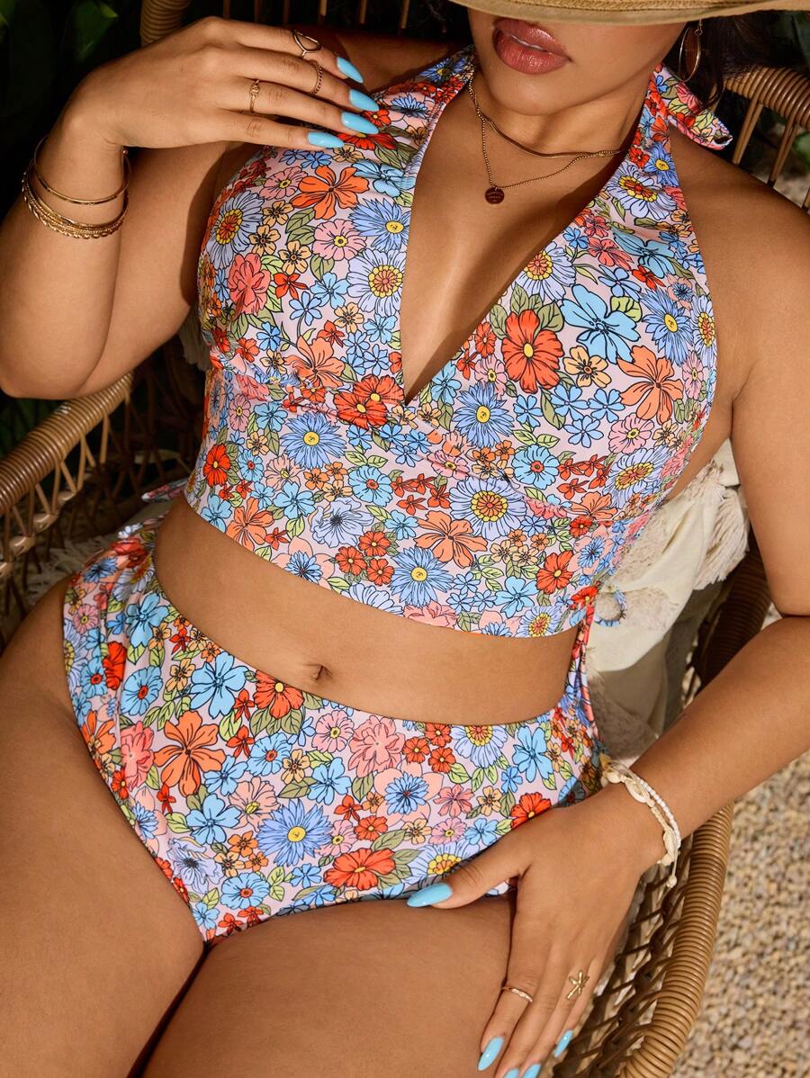 Swim Vcay 2pcs/Set Women's Summer Beach Vacation Swimsuit: Random Floral Print V-Neck Spaghetti Strap Tie-Side High Waist Bikini Bottoms And Casual Minimalist Vacation Spaghetti Strap Crop Top Plus Size Bikini Top