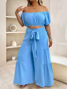 EMERY ROSE 2pcs/Set Plus Size Women Blue Off-Shoulder Casual Shirt And Tie Waist Pants - Blue - View 4