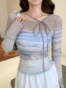 DAZY 扎染印花系带前襟上衣 长袖女式上衣 - 彩色 - 查看 1