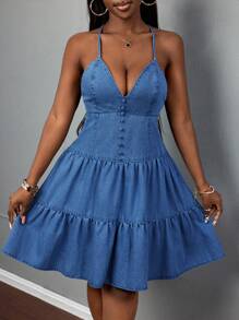 Slaydiva Vestido de mezclilla azul para mujer con estilo 2025 de verano: nuevo festival de música, fiesta de cumpleaños, graduación, diario casual básico y versátil, ocio, crucero, playa, tomar el sol, viral, decorado con botones, con detalle de anillo redondo en la espalda, con tirantes y plisados multicapa, sexy espalda descubierta