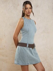 COSMINA Denim Women's Vintage Washed Color Block Wide Waistband Denim Mini Dress - Medium Wash - View 6