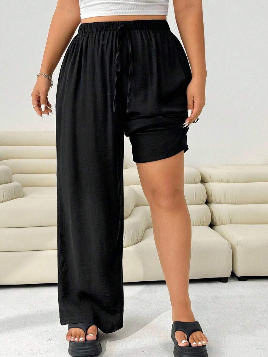 Solflare Plus Size Black Casual Loose Pants - Pink - View 1