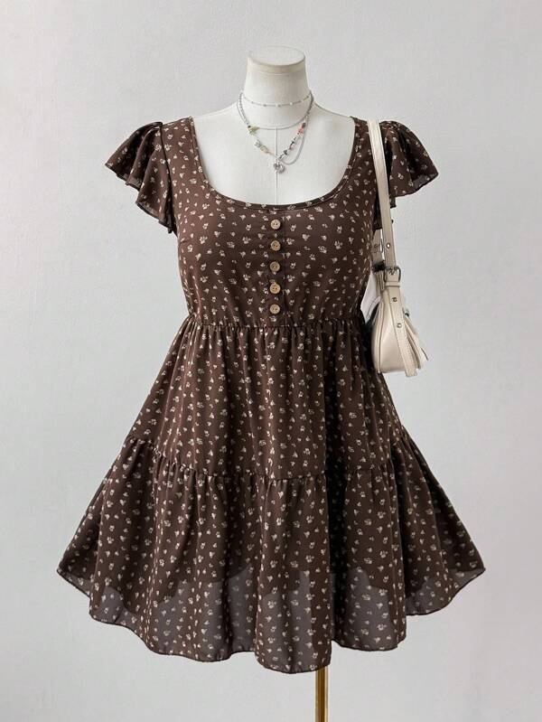 Sunspun Plus Size Sweet Casual Ditsy Floral Round Neck Puff Sleeve Loose Short Dress Boho