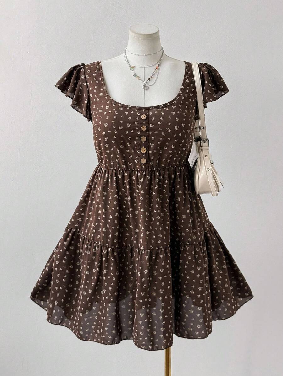 Sweetra 大码甜美休闲碎花圆领泡泡袖宽松短款连衣裙