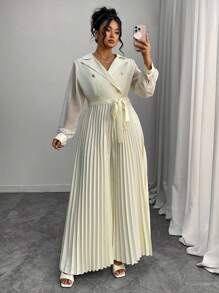 Elenzga 1 pièce Combinaison longue plissée à manches longues en mousseline de soie avec empiècement, amincissante à la taille, élégante tenue décontractée chic pour femmes grandes tailles. Vêtement d'automne pour femmes grandes tailles - Nude - Voir 3