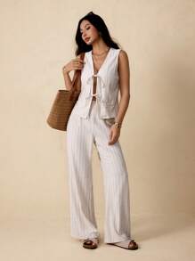 SHEIN PETITE Women's Striped Tie Front Vest And Pant Casual Suit Set